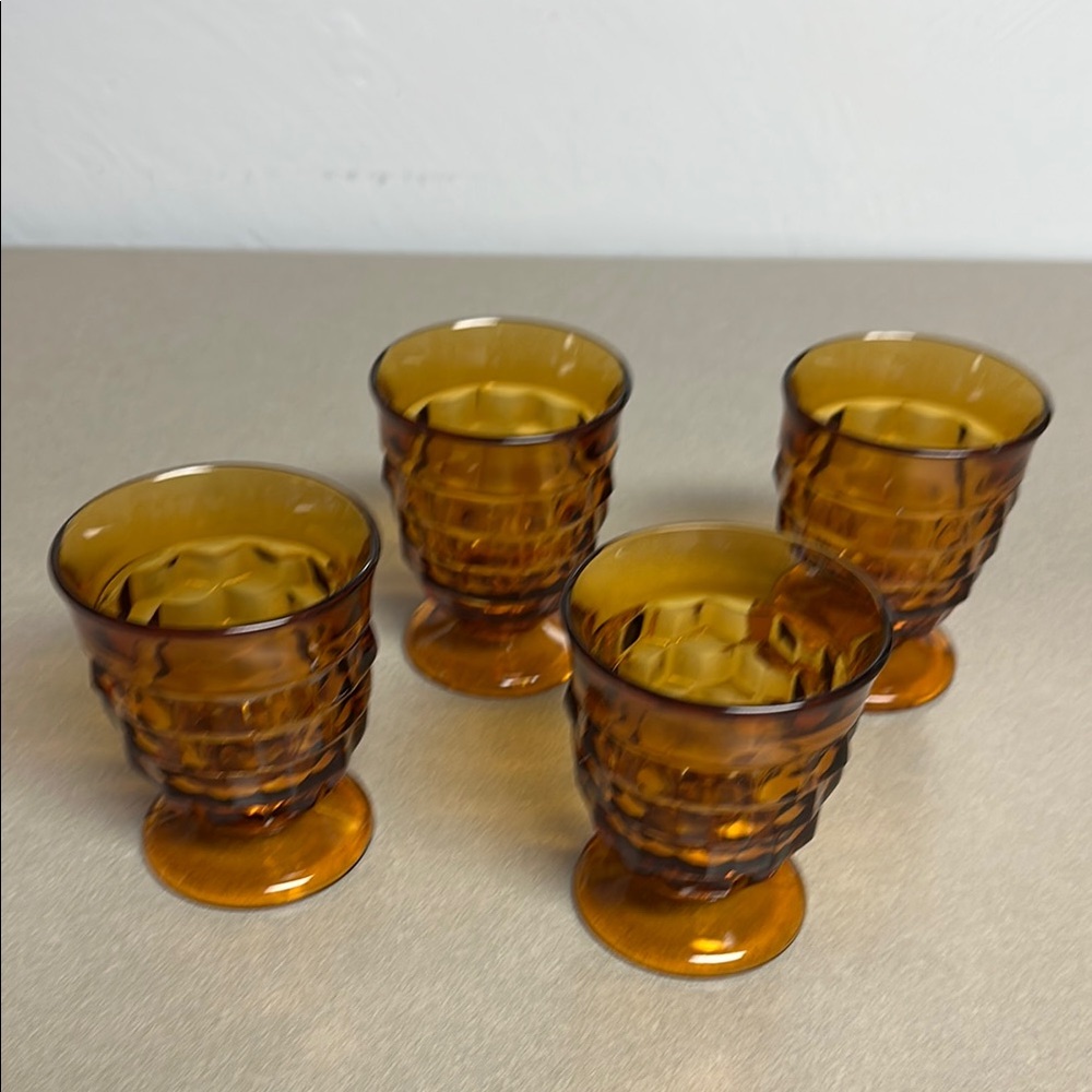 4 Indiana Glass Amber Goblets footed cubed design